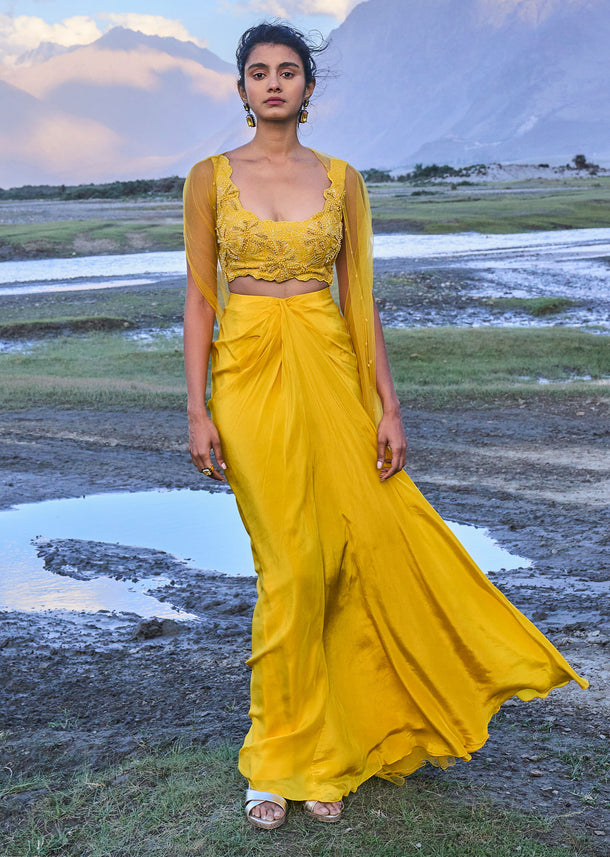 Yellow Pre Draped Skirt With Embroidered Corset Blouse And Cape