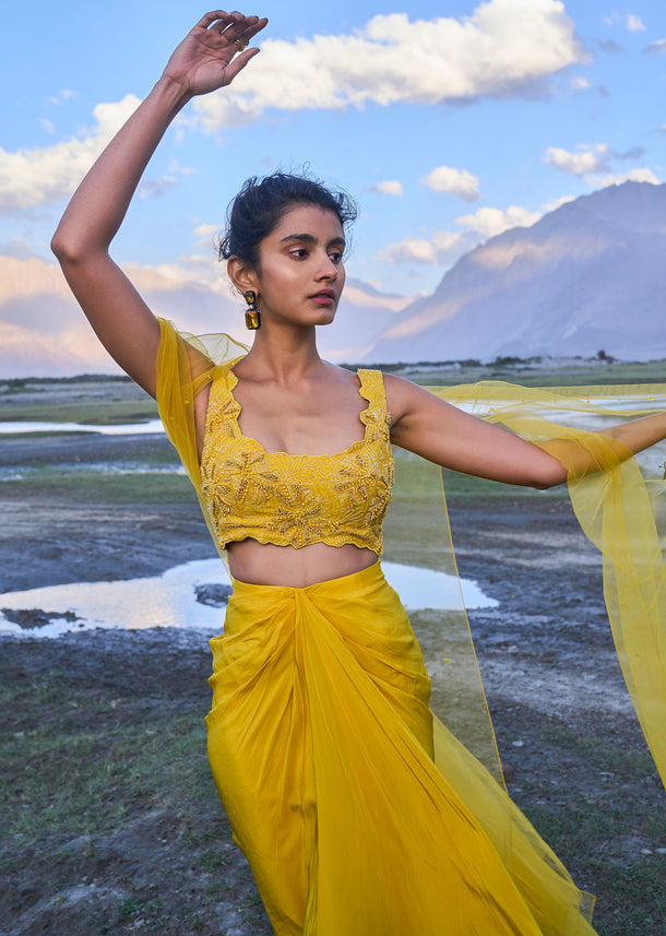 Yellow Pre Draped Skirt With Embroidered Corset Blouse And Cape