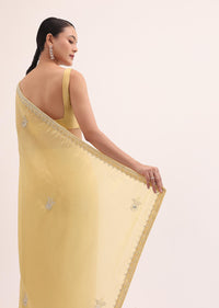 Yellow Embroidered Satin Saree With Unstitched Blouse