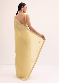 Yellow Embroidered Satin Saree With Unstitched Blouse