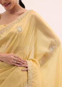 Yellow Embroidered Satin Saree With Unstitched Blouse