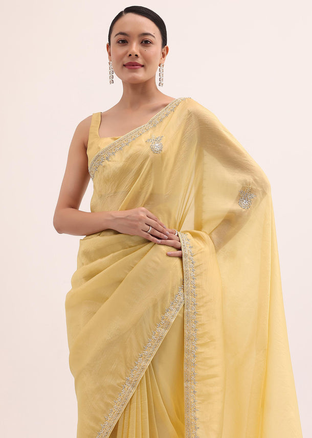 Yellow Embroidered Satin Saree With Unstitched Blouse