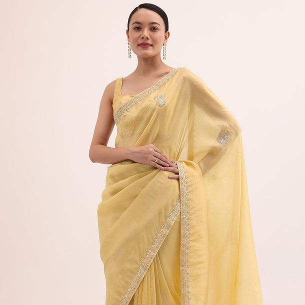 Yellow Embroidered Satin Saree With Unstitched Blouse