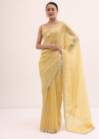 Yellow Embroidered Satin Saree With Unstitched Blouse