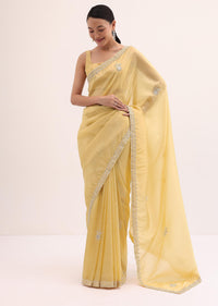 Yellow Embroidered Satin Saree With Unstitched Blouse