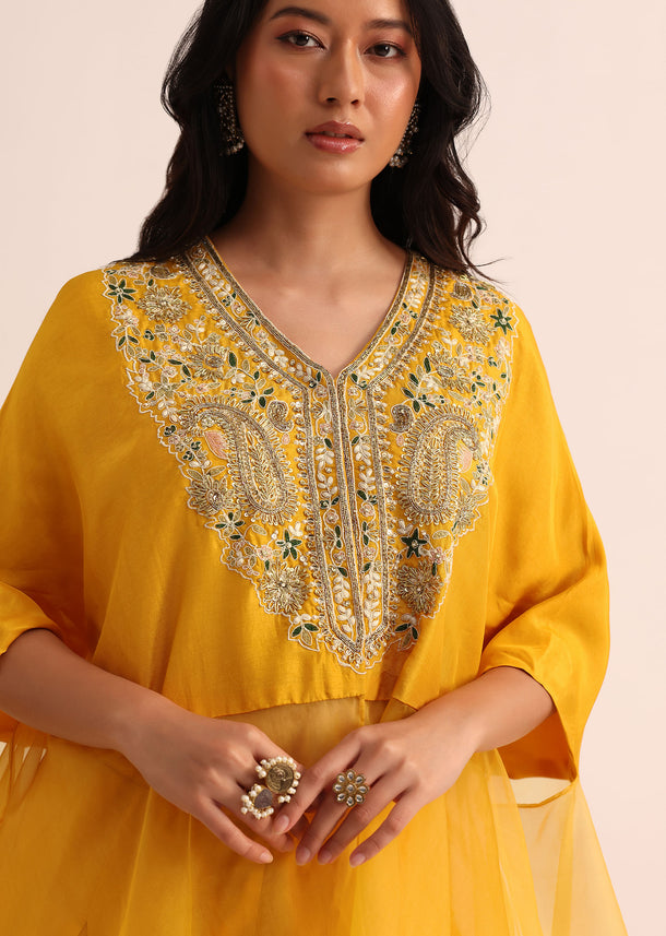 Yellow Embroidered Silk Crop Top Palazzo And Cape