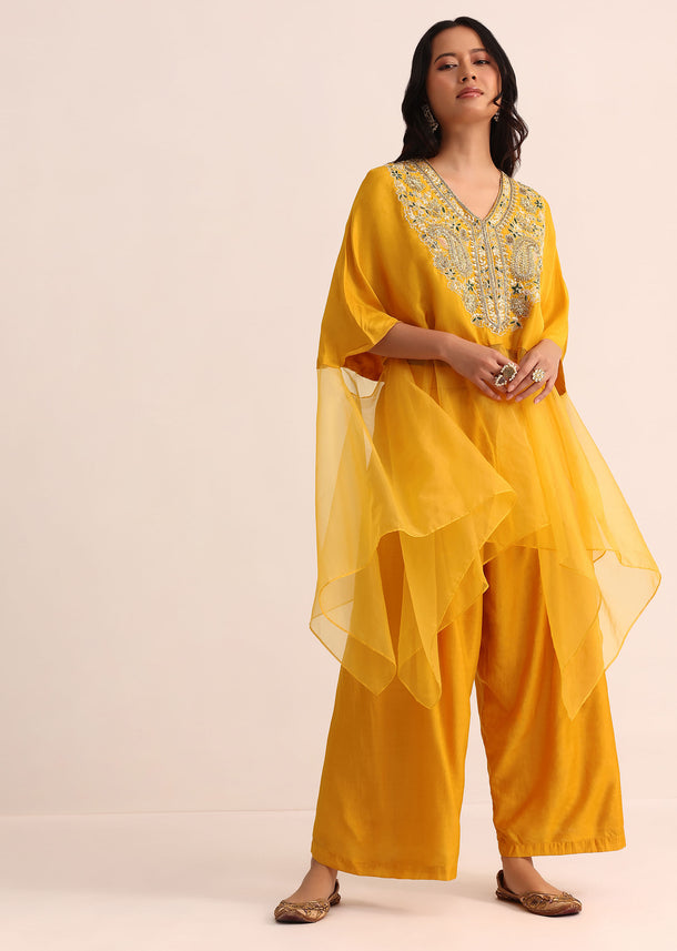 Yellow Embroidered Silk Crop Top Palazzo And Cape