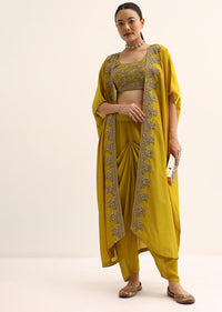 Yellow Embroidered Silk Croptop With Jacket And Dhoti Set