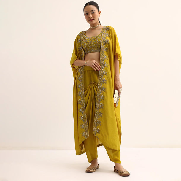 Yellow Embroidered Silk Croptop With Jacket And Dhoti Set