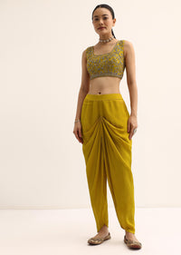Yellow Embroidered Silk Croptop With Jacket And Dhoti Set