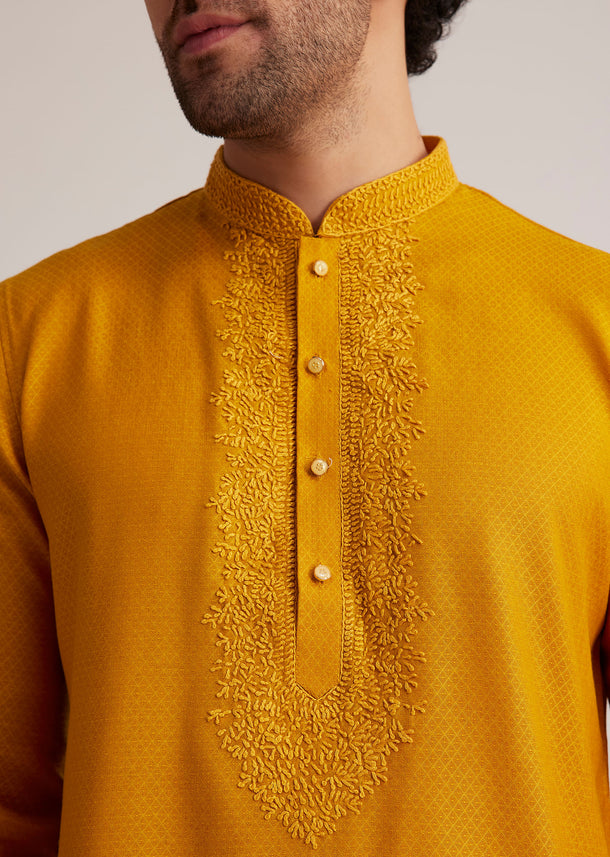 Yellow Embroidered Silk Kurta Set