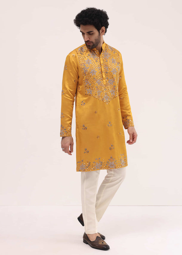 Yellow Embroidered Silk Kurta Set For Men