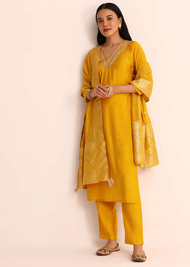 Yellow Embroidered Silk Kurta Set With Dupatta