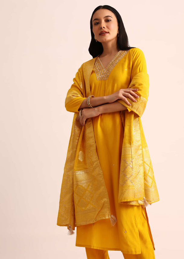 Yellow Embroidered Silk Kurta Set With Dupatta