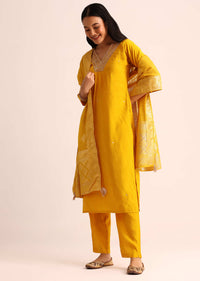 Yellow Embroidered Silk Kurta Set With Dupatta