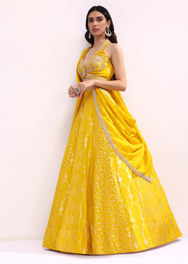 Yellow Embroidered Silk Lehenga Choli Set With Dupatta