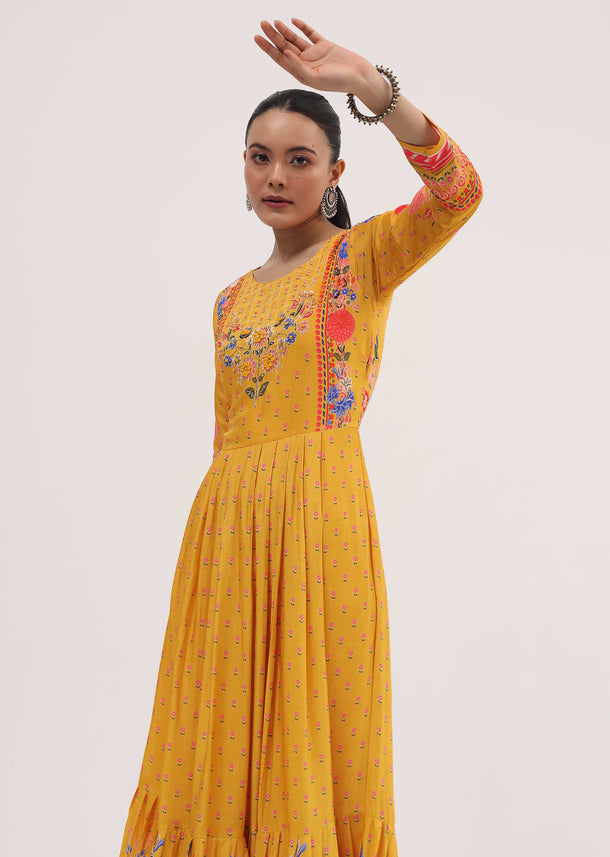 Yellow Embroidered Silk Long Kurti