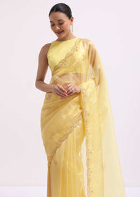 Yellow Embroidered Tissue Saree With Unstitched Blouse