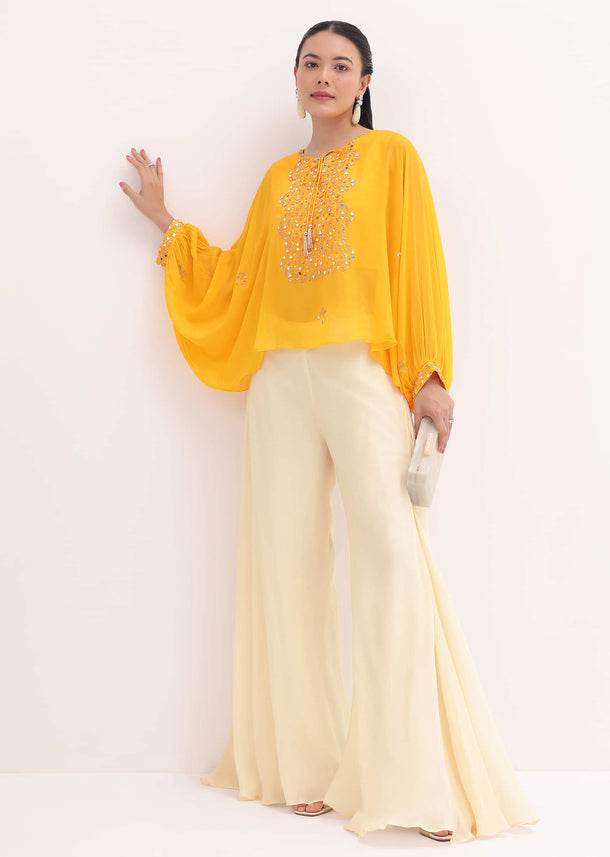 Yellow Embroidered Top And Off White Palazzo