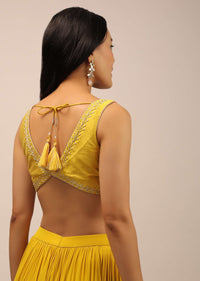 Yellow Festive Blouse With Thread Work And Sweetheart Neckline