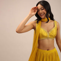 Yellow Festive Blouse With Thread Work And Sweetheart Neckline