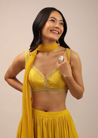 Yellow Festive Blouse With Thread Work And Sweetheart Neckline