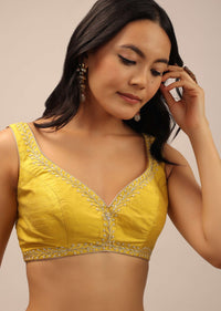 Yellow Festive Blouse With Thread Work And Sweetheart Neckline