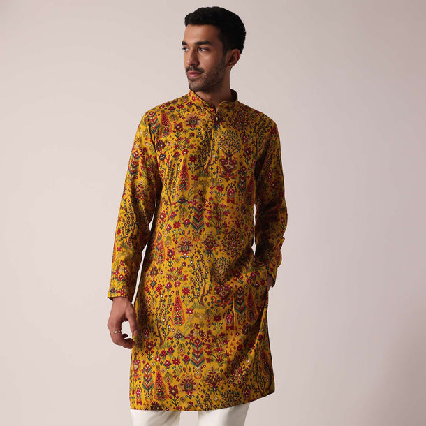 Yellow Festive Kurta For Men With All-Over Print