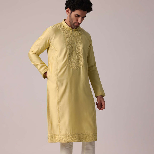 Yellow Festive Silk Kurta Set For Men