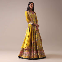 Yellow Floral Printed Anarkali Suit Set In Silk