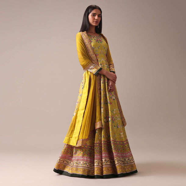 Yellow Floral Printed Anarkali Suit Set In Silk