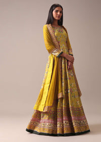 Yellow Floral Printed Anarkali Suit Set In Silk