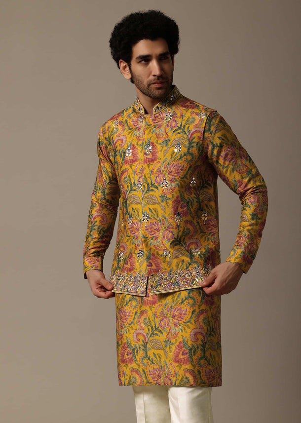 Yellow Floral Embroidered Silk Kurta Jacket Set For Men