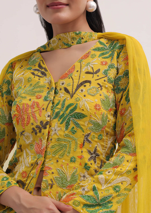 Yellow Floral Embroidered Top And Palazzo Set