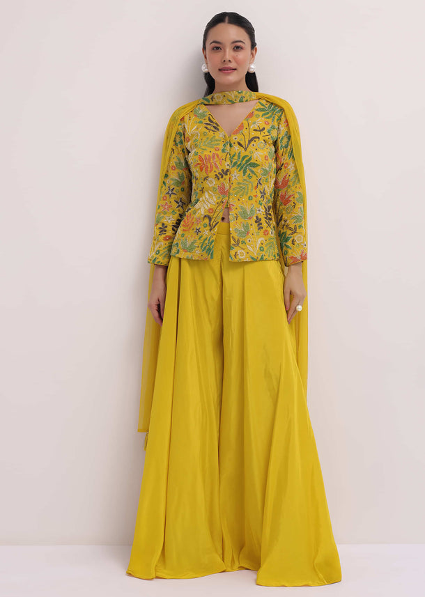 Yellow Floral Embroidered Top And Palazzo Set