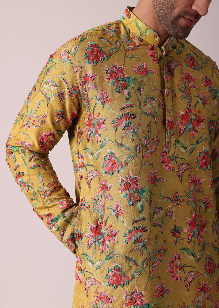 Yellow Floral Intricated Silk Kurta Set For Men