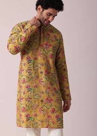 Yellow Floral Intricated Silk Kurta Set For Men