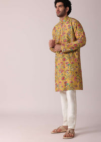 Yellow Floral Intricated Silk Kurta Set For Men