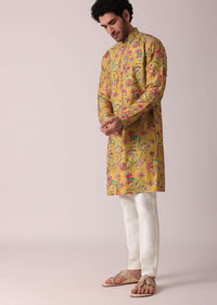 Yellow Floral Intricated Silk Kurta Set For Men