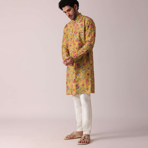 Yellow Floral Intricated Silk Kurta Set For Men