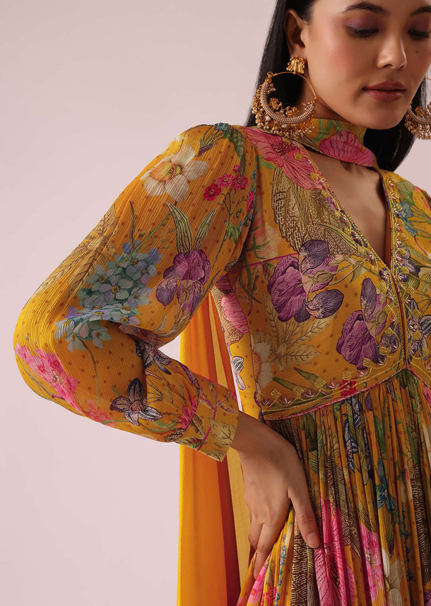Yellow Floral Print Anarkali Set In Chinon