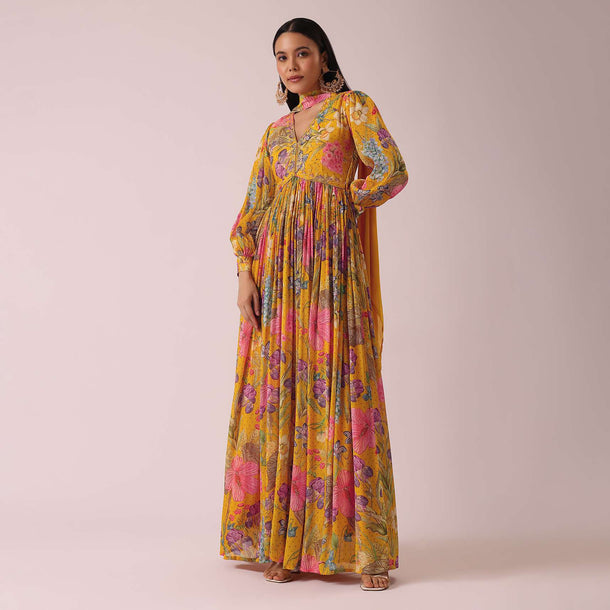 Yellow Floral Print Anarkali Set In Chinon