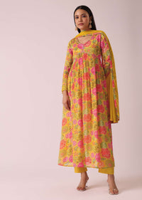 Yellow Floral Print Anarkali Set with Sequin Embellishments