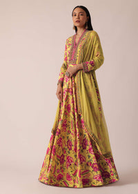 Yellow Floral Print Anarkali With Dupatta