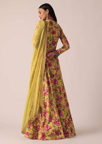 Yellow Floral Print Anarkali With Dupatta