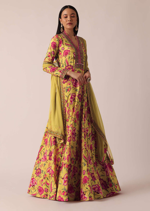 Yellow Floral Print Anarkali With Dupatta