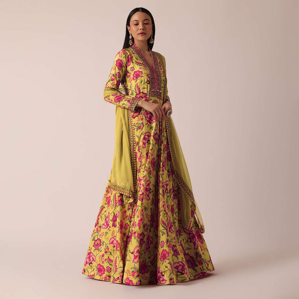 Yellow Floral Print Anarkali With Dupatta