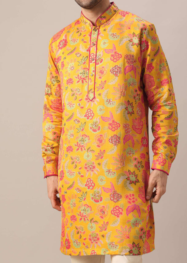 Yellow Silk Kurta Set In Floral Print