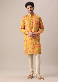 Yellow Silk Kurta Set In Floral Print