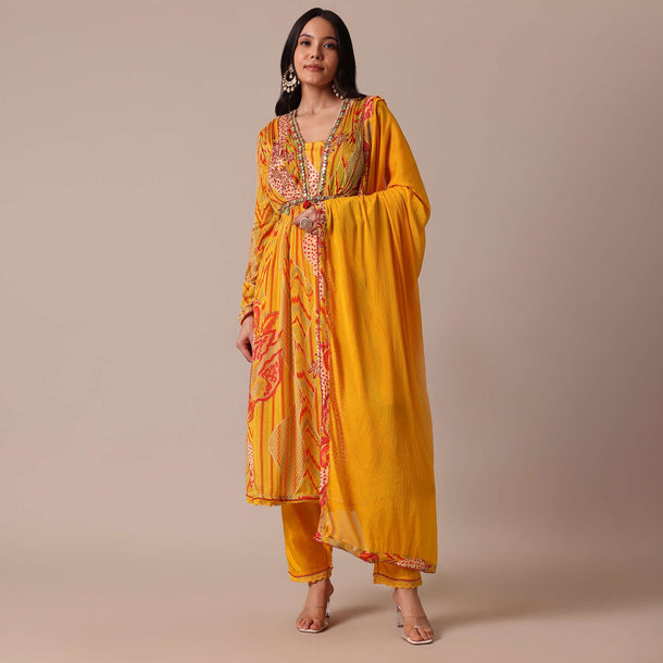 Yellow Floral Print Kurta Set With Mirror Work